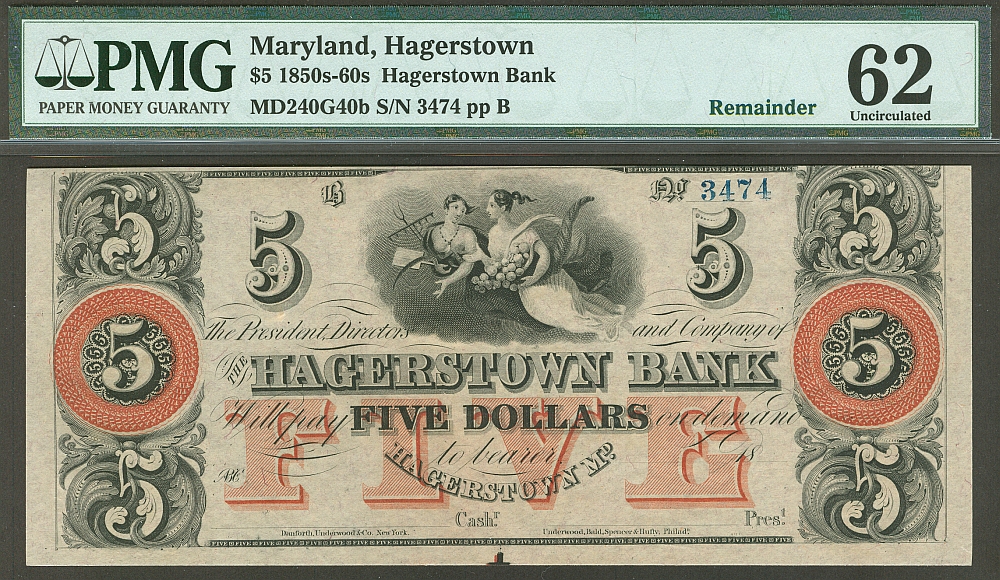 Hagerstown, MD, The Hagerstown Bank 1850s-60s $5 Remainder, 3474ppB, PMG-62